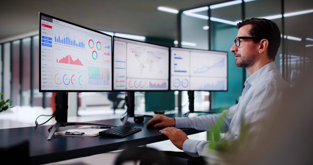 Financial Business Analytics Data Dashboard. Analyst Man